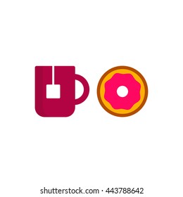 Donut with cup of tea icon flat vector illustration on white background.