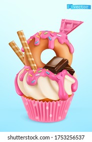 Donut cupcake. 3d realistic vector object. Food icon