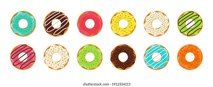 Donut y quequitos. Aceite de cacao con chocolate y vidrieras. Pastel dulce de postre. Iconos de dibujos animados de donuts con hielo aislado sobre fondo blanco. Conjunto de roscas redondas de anillo. Vector.