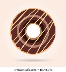 Donut - dark chocolate icing with caramel drizzle. Flat design vector illustration.