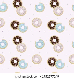 Donut day. Seamless pattern of bitten donuts in icing and sprinkling on pink background