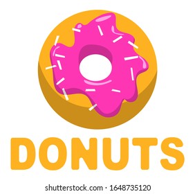 Donut decorated by pink glaze and sprinkles, creative idea for bakery cafe. Dessert logo, restaurant element, doughnut delicious food, baked meal, cake with chocolate, candy product, lunch vector