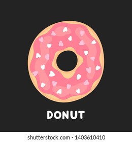 Donut decorated pink icing and candy hearts, on a black background. Vector illustration.
