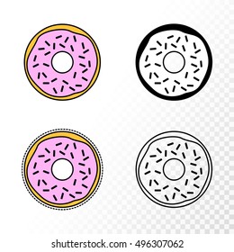 Donut design. Pin, patch, stamp, icon, sticker. Vector illustration.
