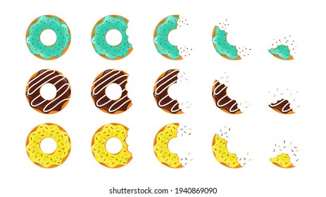 Donut dessert. Doughnut bite. Sweet cake. Pink and chocolate donut. Icon of cartoon food. Circle doughnut with glazed, cream and sprinkles. Set of half and bite of cake, biscuit for gourmet. Vector.