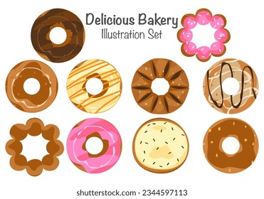 Donut dessert set. Bakery bread and fresh pastries. Delicious. Vector illustration isolated on a white background.