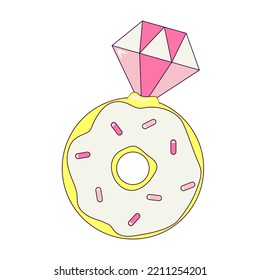 Donut with Diamond Ring Bachelorette Party Temporary Sticker or Badge in Retro Groovy Style