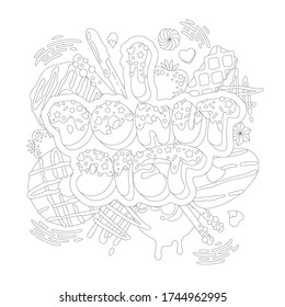 I donut diet - adult coloring page illustration with funny pun lettering phrase. Donuts and sweets themed design. Flat style vector illustration.
Donuts and waffles, liquid caramel, shugar hearts