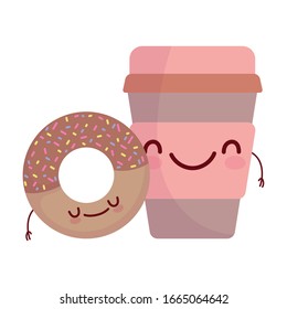 donut and disposable coffee cup menu character cartoon food cute vector illustration