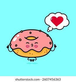 Donut doing yoga with speech bubble. Vector hand drawn cartoon kawaii character illustration icon. Isolated on blue background. Donut in love character concept