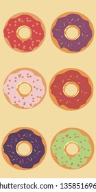 Donut Donuts on a beige background and the inscription. six various and multi-colored sweet donuts. Place for text.