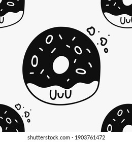 Donut doodle hand drawn character vector seamless pattern. Doughnut texture for wrapping, wallpaper and decoration