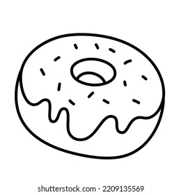 Donut doodle icon, vector doodle illustration of a doughnut with icing and sprinkles, sweet bakery product for a snack and breakfast, isolated outline clipart on white background