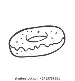 Donut doodle icon, vector doodle illustration of a doughnut with icing and sprinkles, sweet bakery product for a snack and breakfast, isolated outline clipart
