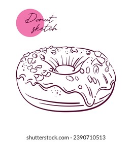 Donut doodle outline black and white vector illustration isolated on white background. Line sketch doughnuts drawing. Sketch style drink to go from cafe. For menu, design, flyers, web.