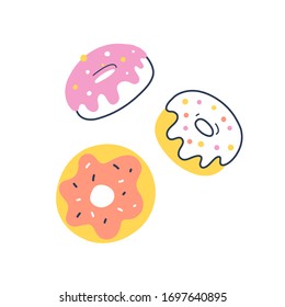 Donut doodles, hand drawn icons set, collection of sweet fried doughnuts, colorful glazed dessert with sprinkles, good as icons or stickers