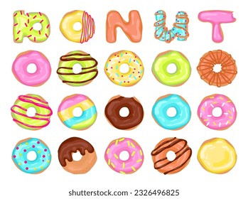 Juego de donut o rosquilla. Colección de deliciosos postres con chocolate, caramelo y crema de vainilla, recubierta de coloridos elementos decorativos, vidrieras o helados. Ilustración vectorial plana