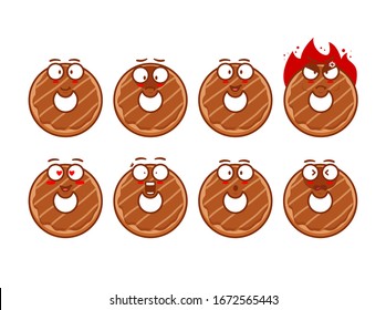 Donut doughnut snack bread cartoon mascot character emoji emoticon set in cute style