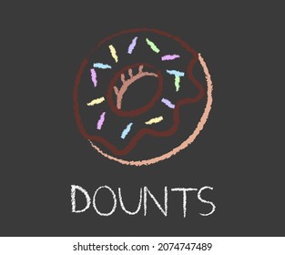 Donut drawn with chalks on black blackboard.