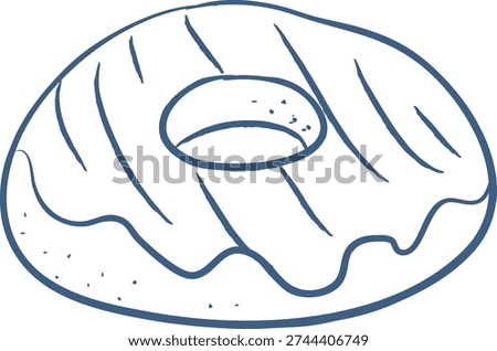Donut with dripping icing and center hole in clean outline drawing. Sweet pastry snack symbolizes craving, treat, and comfort food. Cartoon vector illustration.