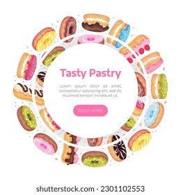 Donut and Eclair Banner Design with Sweet and Yummy Creamy Food Vector Template
