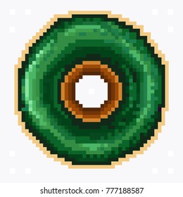 Donut with emerald green glaze. Pixel art on a light gray background.