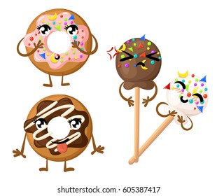 Donut emoticon funny elements vector character. Different emotions collection characters smile fun vector illustration isolated on white