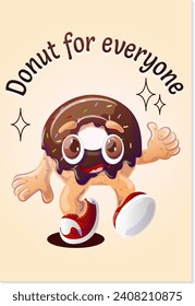 A donut for everyone. Cartoon donut in retro style. Cool character. Retro cartoon vector illustration for print, banner, menu for cafe, restaurant, bar.