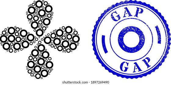 Donut explosion flower with four petals, and blue round GAP grunge stamp print with icon inside. Object cyclone organized from oriented donut items. Vector flower collage in flat style.