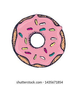 Donut . Fast food set. Hand drawn colorful elements . Snack collection. Junk food. Engraved top view illustration. Vector illustration. Background template for design. Can be use for menu, packaging.
