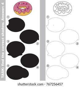 Donut to find the correct shadow, the matching educational kid game to compare and connect objects and their true shadows, simple gaming level for preschool kids.