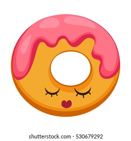 Donut in flat cartoon style. Background of donut with pink glaze dessert emoticon characters fun face. Vector Illustration eps 10 for your design.