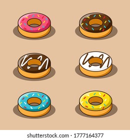 Conjunto de diseño de ilustración de vectores de caricatura plana de Donut. Vector aislado de comida de ilustración plana para afiches, menús, folleto, web e icono.