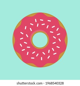 Donut Flat Design Dessert Icon. Cute, colorful and glossy donuts with pink glaze and white powder. 