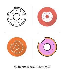 Donut flat design, linear and color icons set. Bitten doughnut with sprinkles and glaze. Logo concept. Isolated illustrations