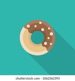Donut flat icon with long shadow isolated on blue background. Simple donut in flat style, vector illustration for web and mobile design. Fast food elements vector sign symbol.