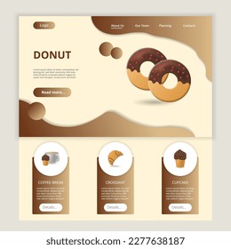 Eine flache Landing-Page-Website-Vorlage herunterladen. Kaffeepause, Croissant, Kuchen. Webbanner mit Header, Inhalt und Fußzeile. Vektorgrafik.
