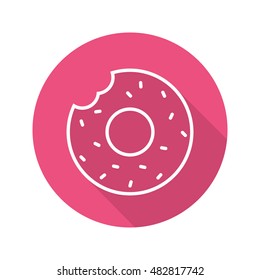 Donut flat linear long shadow icon. Bitten doughnut with sprinkles. Vector line symbol