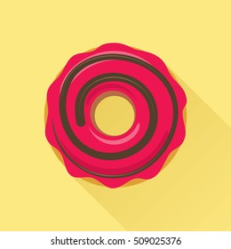 Donut flat style icon. Sweet sugar icing donut in the glaze of chocolate decoration on pink cream. Isolated eps8 vector illustration.