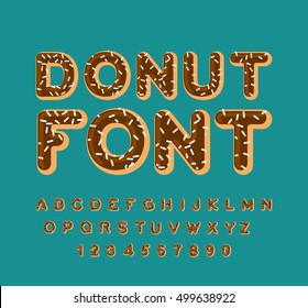 Donut font. pie alphabet. Baked in oil letters. Chocolate icing and sprinkling. Edible typography. Food lettering. Doughnut ABC