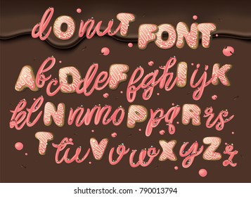 Donut font. Sweet cream alphabet. Pink letters on chocolate background. Vector. 