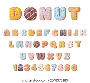 Donut font. Sweet food letters, glazed donuts alphabet. Cake or biscuits with sugar sprinkle, creative typography for kids or party decent vector set