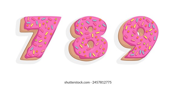 Donut-Schrift. Süße Buchstaben und Zahlen. Kuchen und Kekse glasierte Dessert abc.