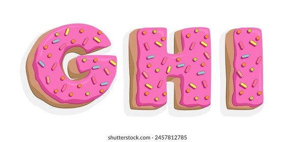 Donut-Schrift. Süße Buchstaben und Zahlen. Kuchen und Kekse glasierte Dessert abc.