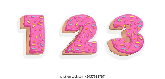 Donut-Schrift. Süße Buchstaben und Zahlen. Kuchen und Kekse glasierte Dessert abc.