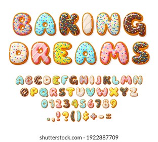 Donut font. Sweets letters, bakery text numbers alphabet. Cake and cookies, isolated baby glazed dessert. Color 3d pastry recent vector set