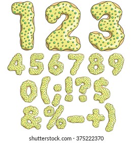 Donut font, tasty typeface. Isolated objects on a white background 