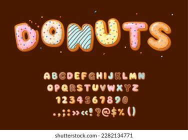 Donut font type, cartoon alphabet typeface letters, vector bakery sweet food numbers. Donut font alphabet with cookie cake candy or chocolate pastry typeset for birthday, typography and ABC text