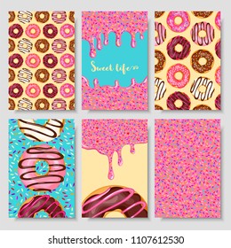 Donut food card. Sweet life hand lettering design, pastry having pleasant taste and frosting decor. Vector flat style cartoon donuts illustration