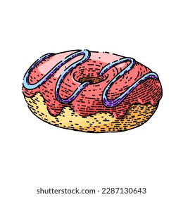 donut food hand drawn. doughnut dessert, cake pink, sweet chocolate, sugar pastry, falling sprinkles donut food vector sketch. isolated color illustration